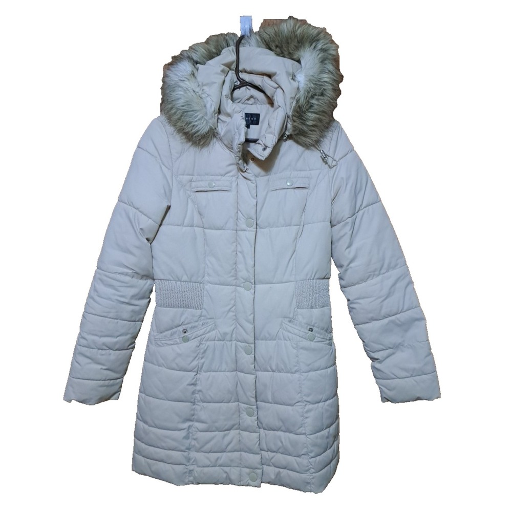Braetan Women's Beige 2 Ways Zipper Snaps Long Puffer Jacket Coat Hooded Small